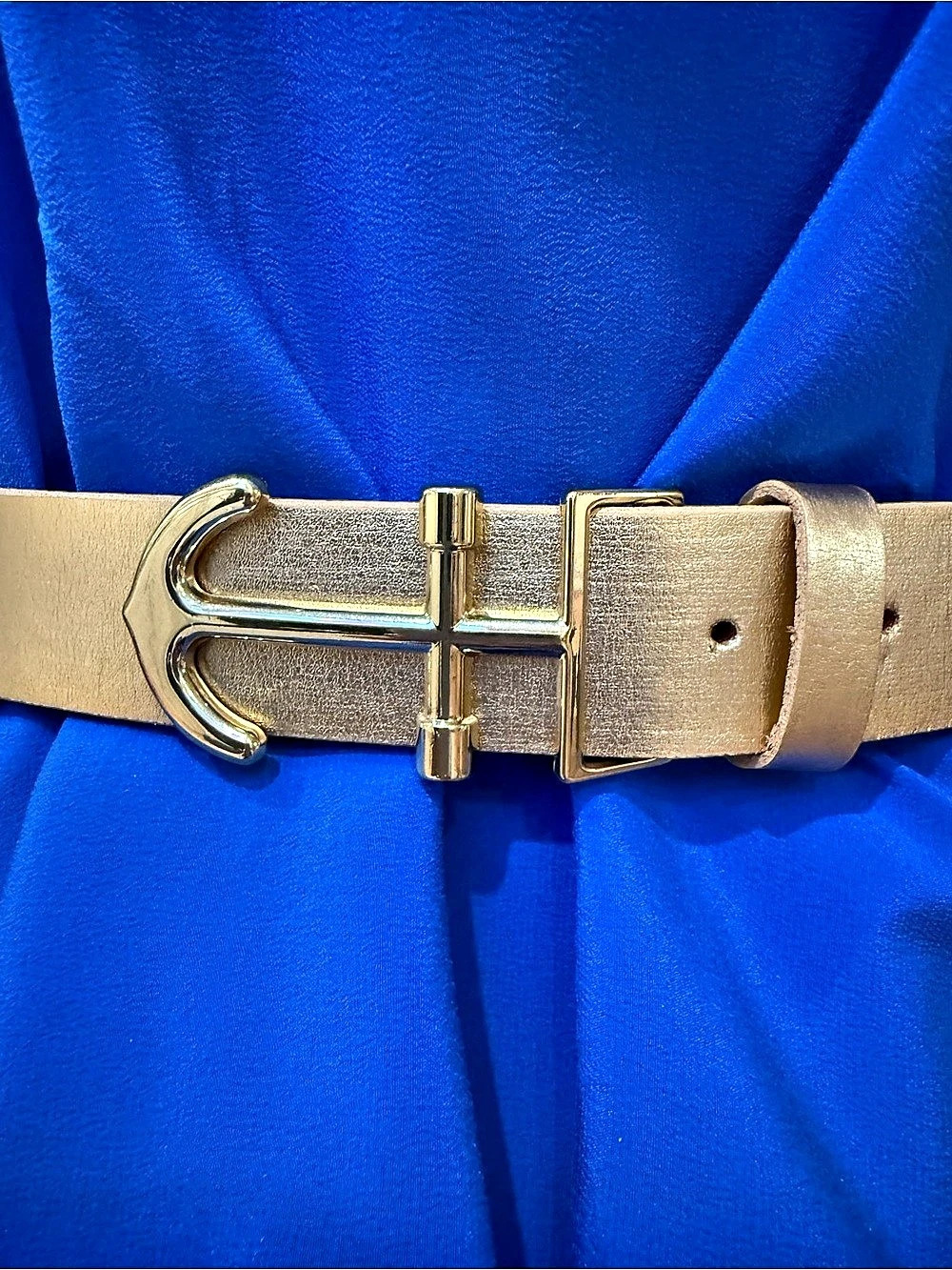 Eliza B. Leather Man Ltd Metallic Gold Leather Anchor Belt Nautical Coastal XS